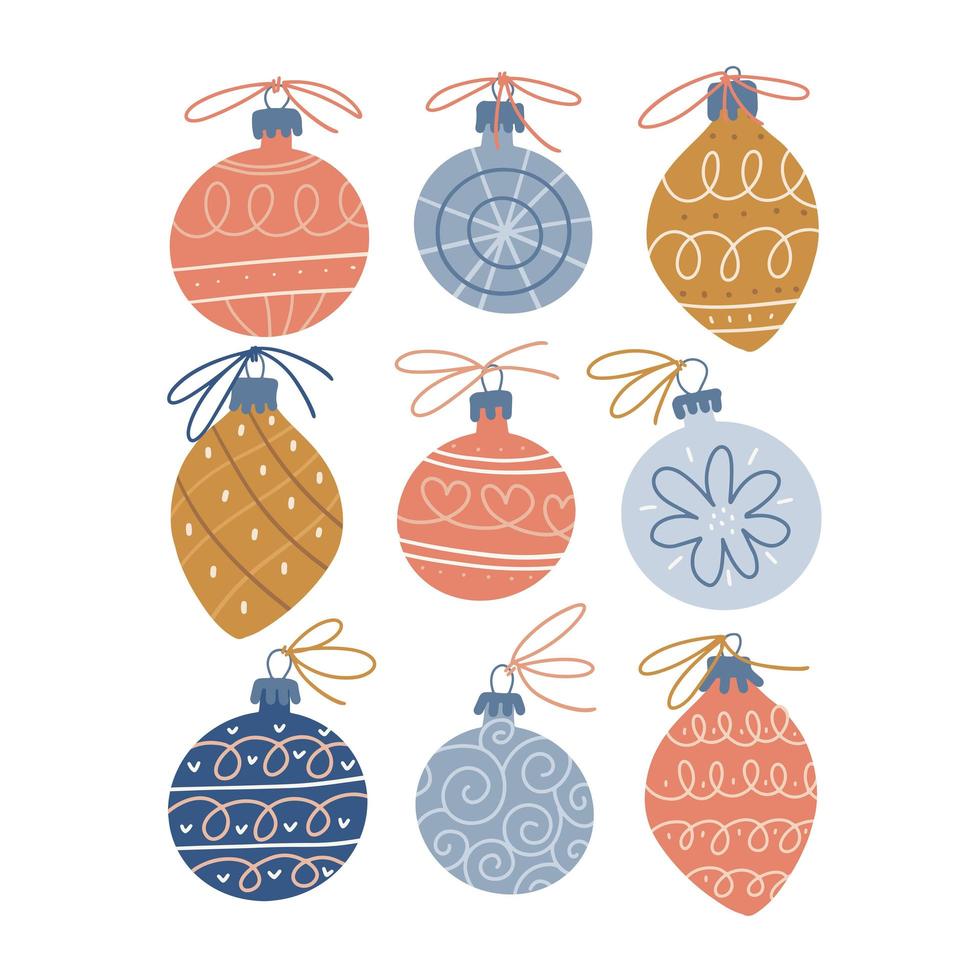 Christmas baubles in the Scandinavian style. Set of hand drawn xmas baubles. Decoration isolated elements. Doodles flat vector illustration. Winter decorative elements.