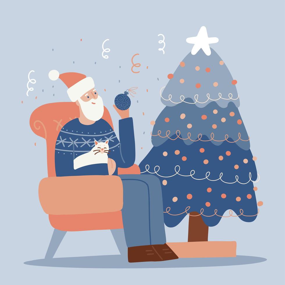 Man wearing Santa hat and beard is sitting on a chair near Christmas tree. Holiday character with a cat on his lap. Cute greeting card, poster or banner for Christmas holiday. Flat vector illustration