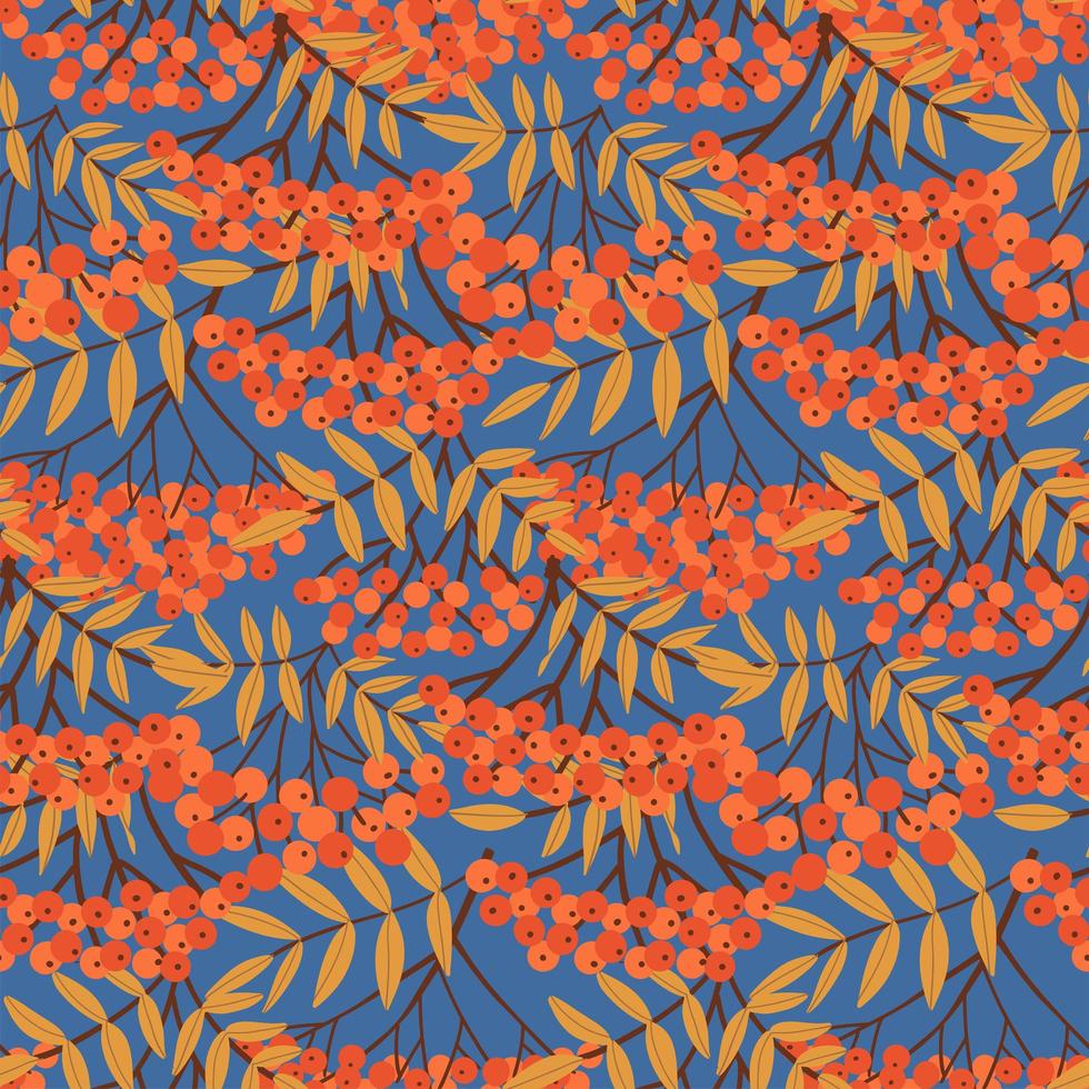 Rowan berry branches and leaves seamless pattern. Background with simple abstract hand drawn red berries. Floral flat vector illustration on blue background