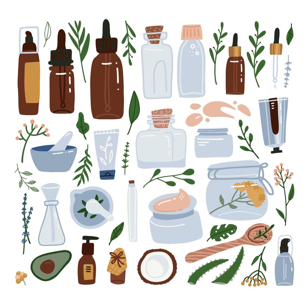 Organic cosmetic packaging big set - bottles, glass jars, tubes. Herbal cosmetics collection. Woman stuff, eco girls accessory concept. Natural face care products. Flat hand drawn vector illustration.