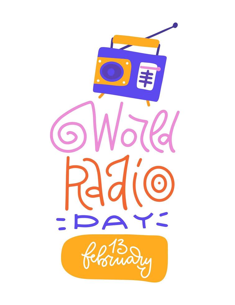 World Radio day - typographic greeting card or banner. Lettering text with old retro radio receiver . Cute abstract flat vector illustration isolated in white backgound.