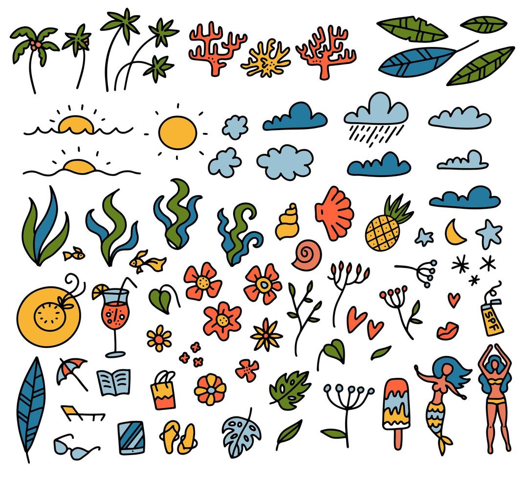 Summer set of design elements tropical leaves, flowers, fruits, palms, san with clouds. Vector color doodle hand drawn illustration.