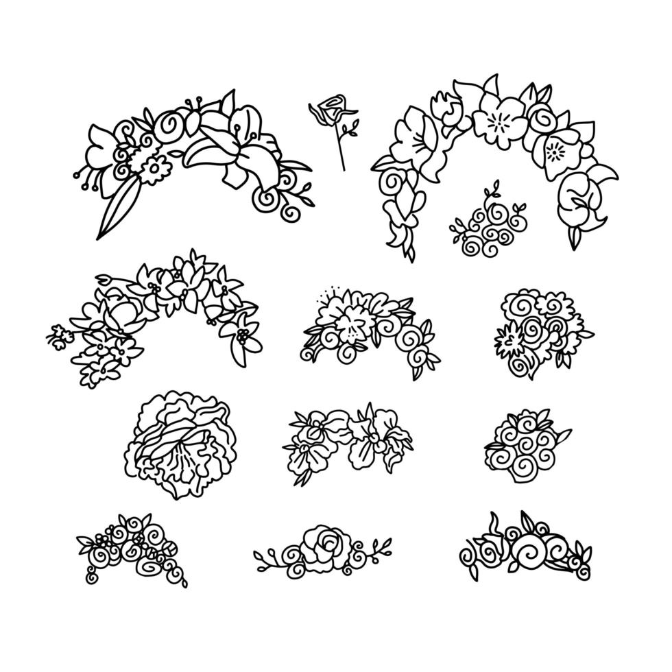 Linear beautiful set of floral wreaths for a female head with flowers, leaves and ornament for holidays and spring season. Line vector hand drawn illustration.