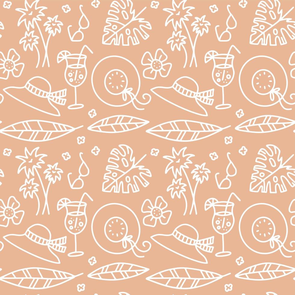 Beige summer seamless pattern. Hat, glasses, drinks, palm levea and branches, Pastel illustrations are suitable for fabric, gift paper, and summer cards. Linear doodle vector illustration.