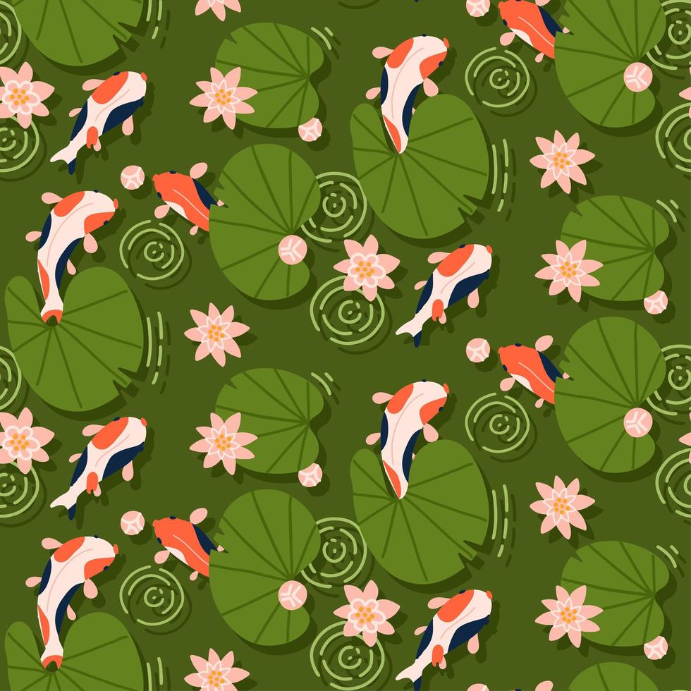 Koi fish swimming under pink lotus seamless pattern, summer oriental background, Flat hand drawn vector illustration