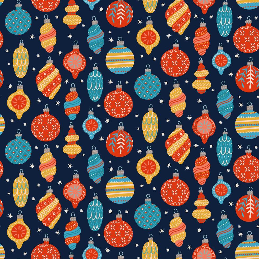 Seamless pattern of Christmas toys, baubles and balls for greeting cards, wrapping papers. Hand drawn Vector illustration in flat cartoon style