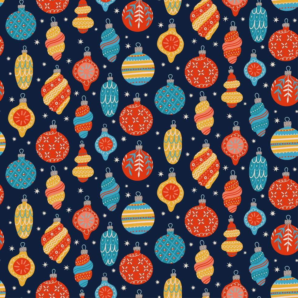 Seamless pattern of Christmas toys, baubles and balls for greeting cards, wrapping papers. Hand drawn Vector illustration in flat cartoon style