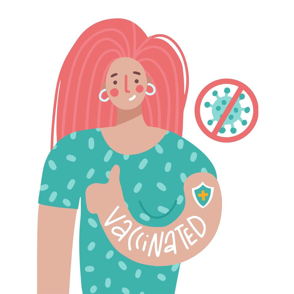 Pink haired woman after vaccination. Vaccine injection in arm, shoulder. Female character after getting vaccine. Satisfied strong girl concept. Flat vector cartoon illustration isolated on white