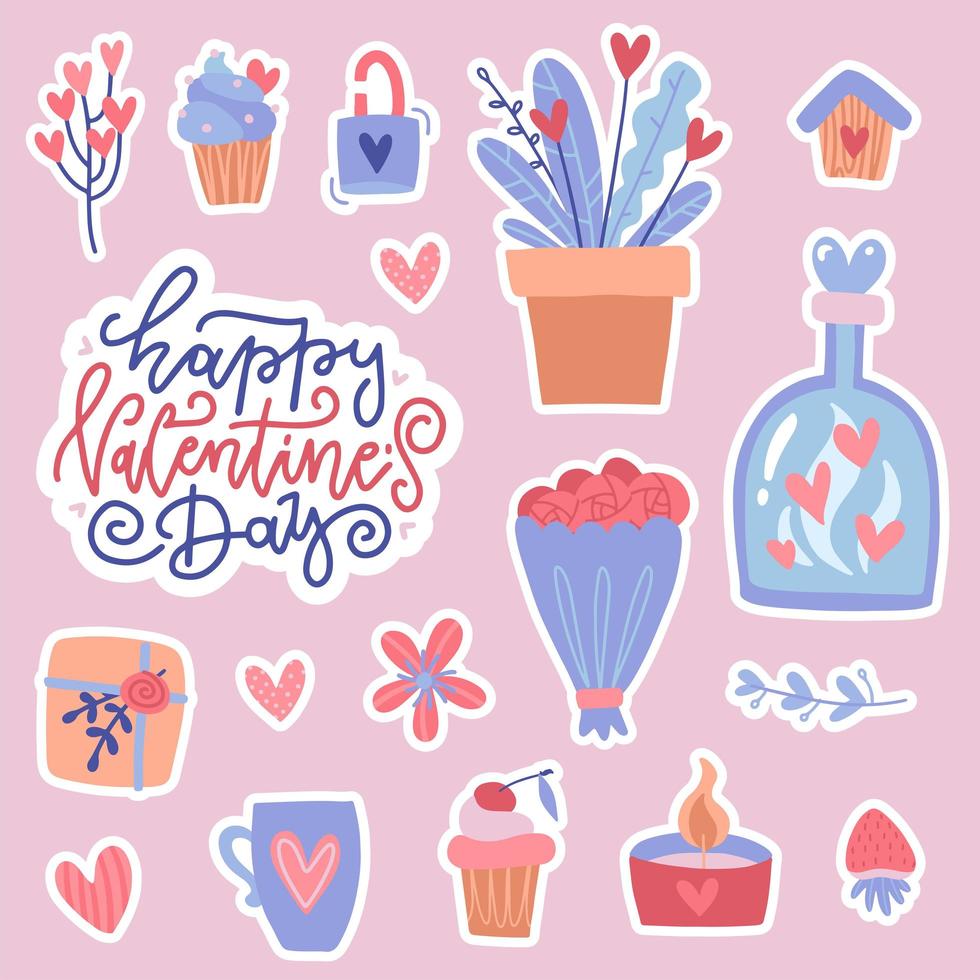 Set of color doodle stickers or patches for Valentine s day isolated on pink background. Many cute usilated elements - bouquet, bottle with hearts, mug and sweets. Flat vector illustration.