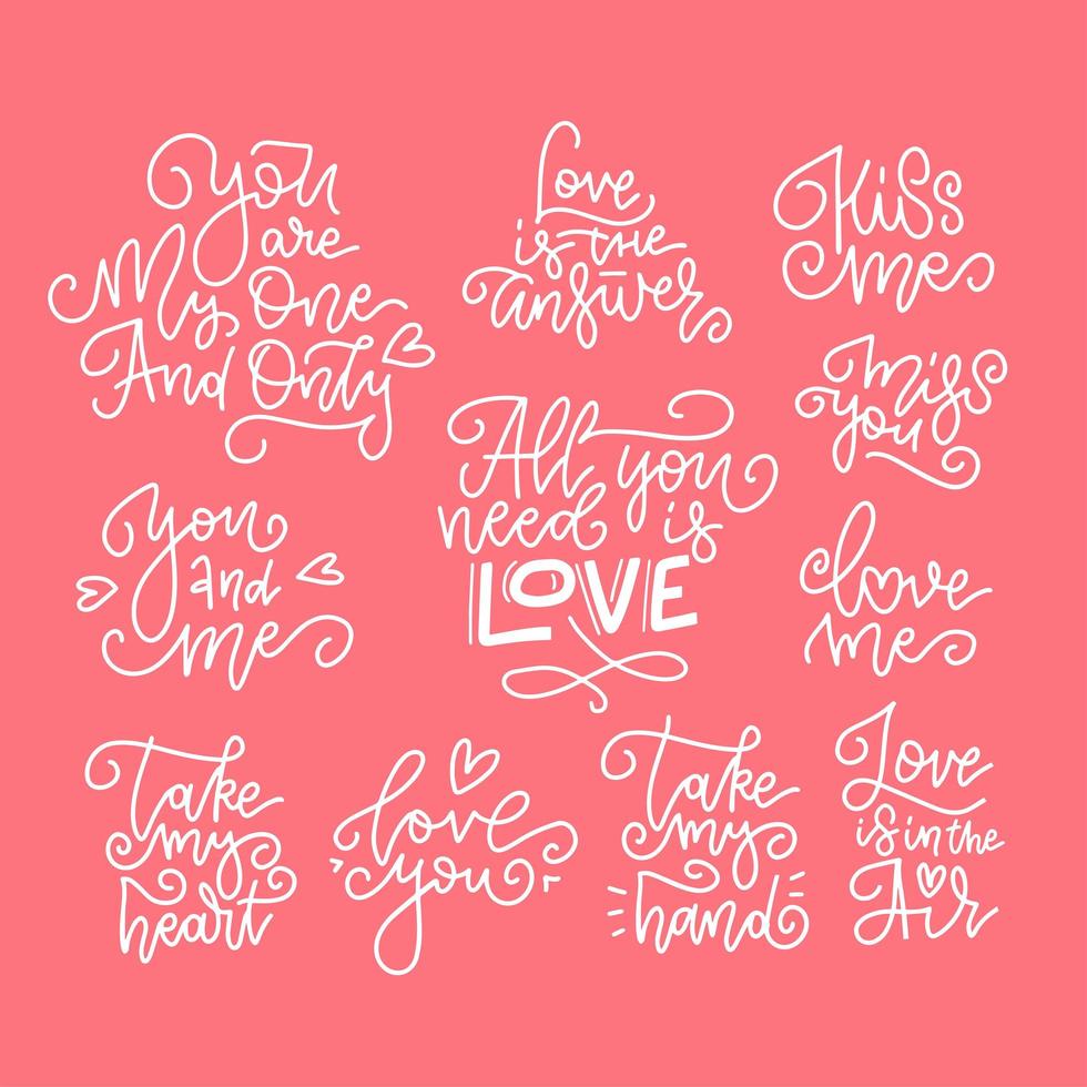 Set of decorative design elements representing Valentine s day related quotes and words. Hand written linear texts on red background for banners abd cards. vector