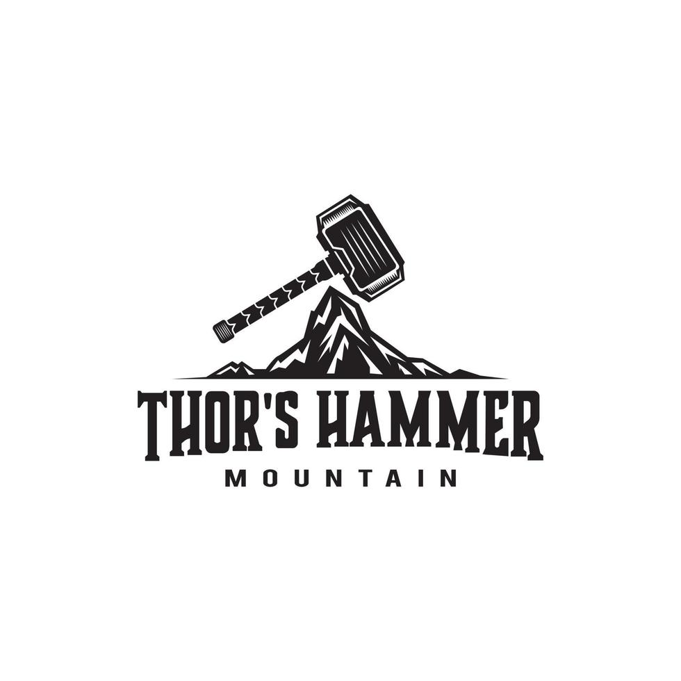 Thor's hammer illustration design logo on top of the mountain, thunder god template, symbol vector