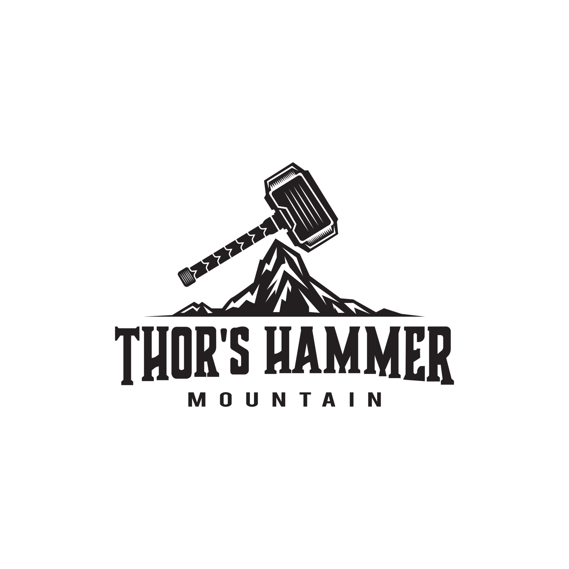 Thor's hammer illustration design logo on top of the mountain, thunder