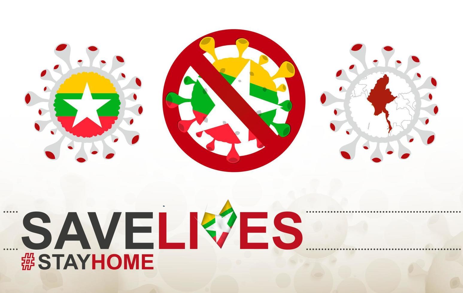 célula coronavirus con bandera y mapa de myanmar. detenga el signo covid-19, eslogan salve vidas quédese en casa con la bandera de myanmar vector