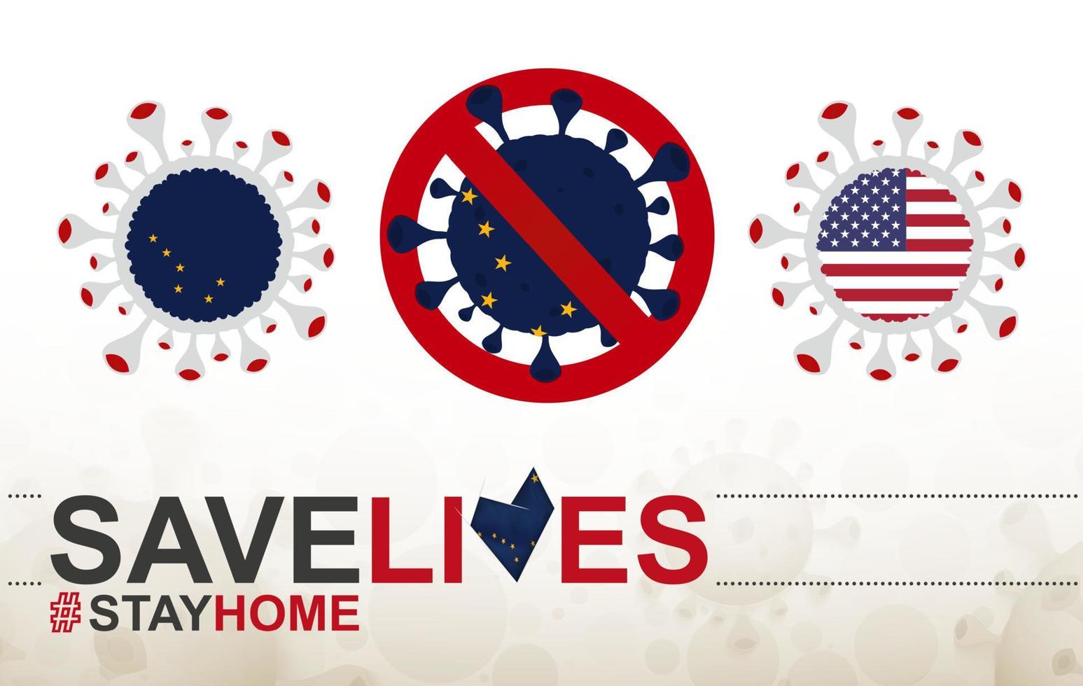 célula de coronavirus con la bandera de alaska del estado de EE. UU. detenga el letrero covid-19, eslogan salve vidas quédese en casa con la bandera de alaska vector