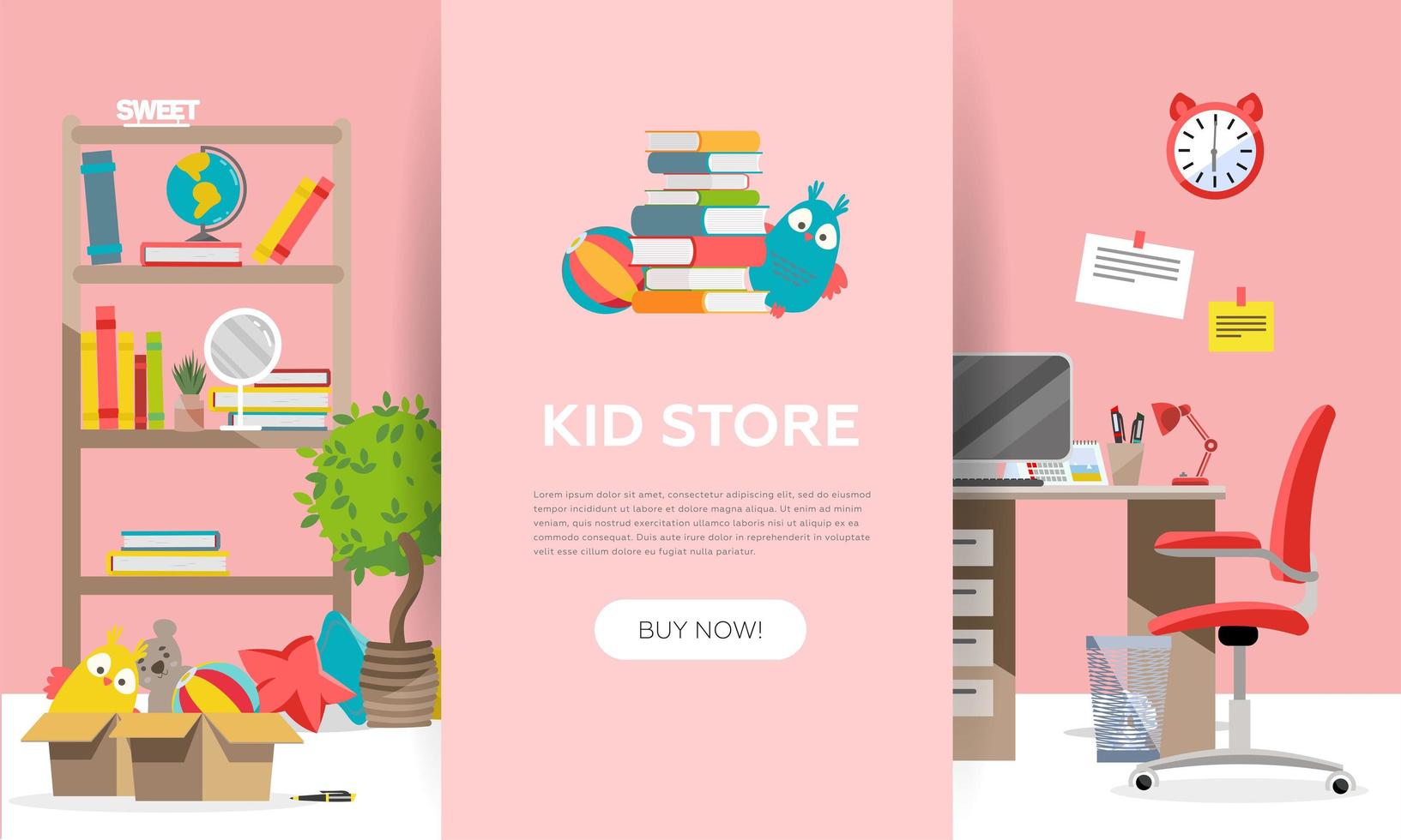 Childen's goods shop landing page in flat cartoon style. Kids game teddy bear,interior items and school supplies. Children fun activity play colorful girl room interior background vector illustration
