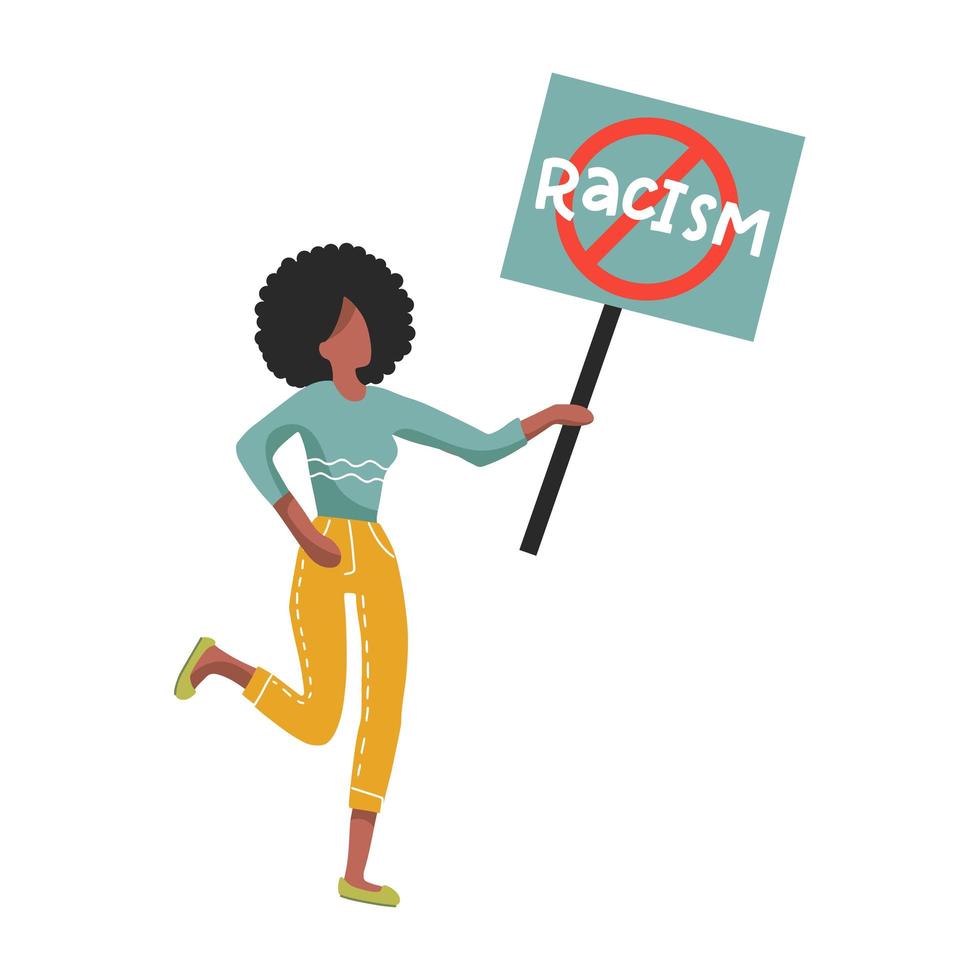 Afro-American woman holding No racism sign, signboard. Vector illustration in flat cartoon style. Whole-lengt female character.