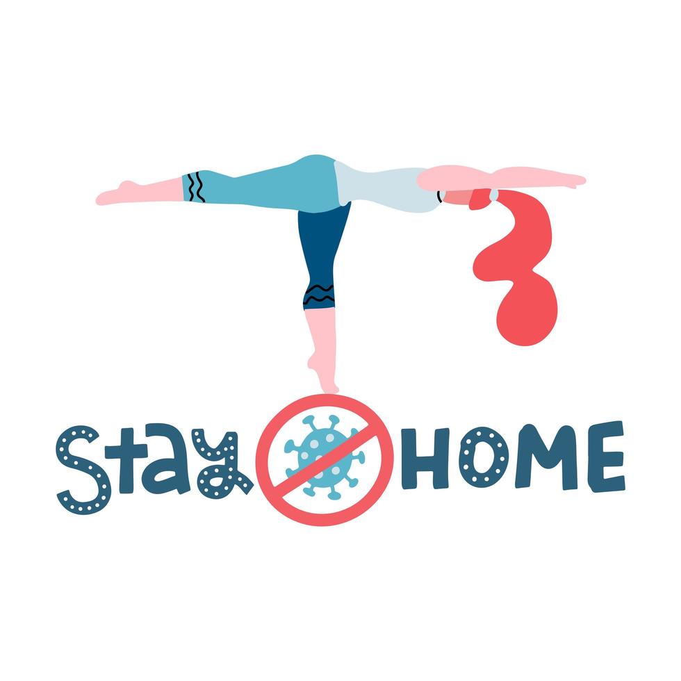 Long hair woman doing yoga exercise. stay home lettering calligraphy quote. Typography poster about home training. keep balance. Don't panic. Flat vector illustration