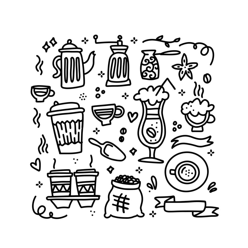 Cute doodle coffee shop icons set. Vector outline coffee drawings for cafe menu. Collection of Coffee linear doodles of cups, boans, pots.