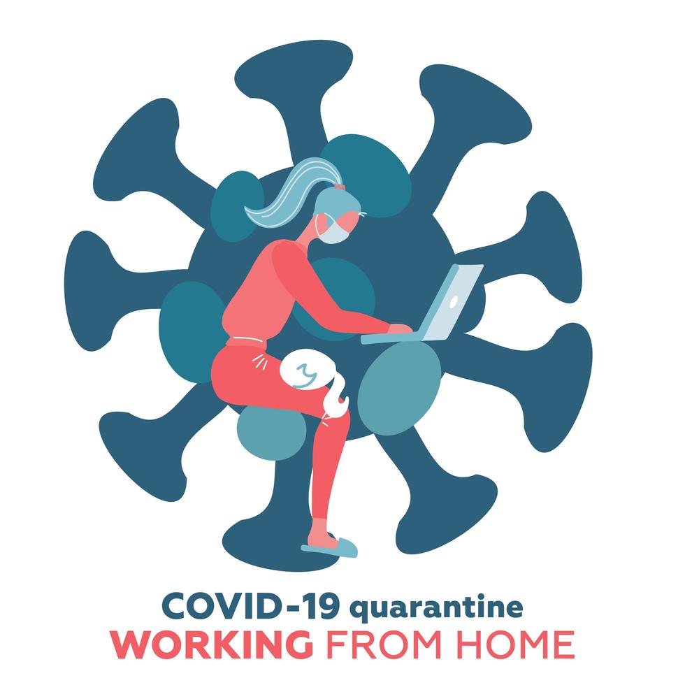 Work from home in COVID-19 virus outbreak, social distancing company allow employee work at home to prevent virus infection, young woman working with cat on the knees. Coronavirus shape isolated print vector