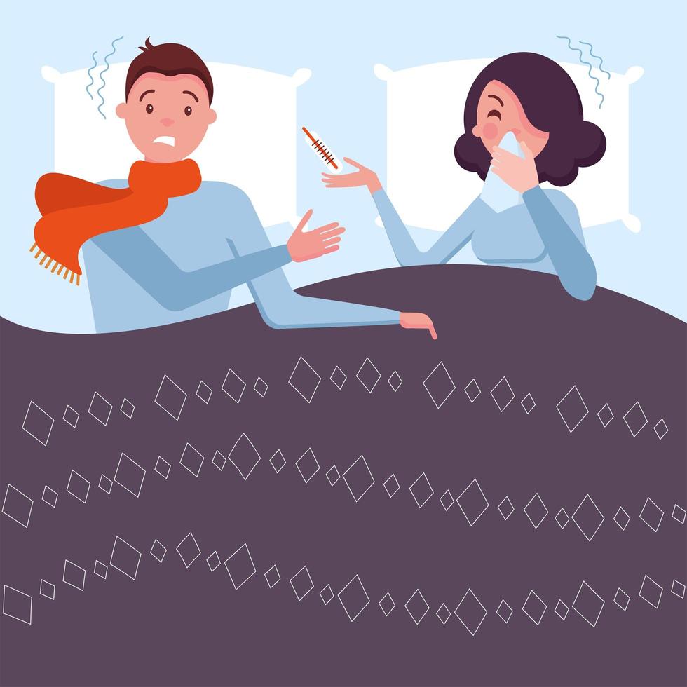 Husband and wife got the flu. Sick at home lying in bed. Virus infection. Concept of sick people. Man and woman feeling unwell, having cold, high temperature, running nose. Cartoon vector illustration