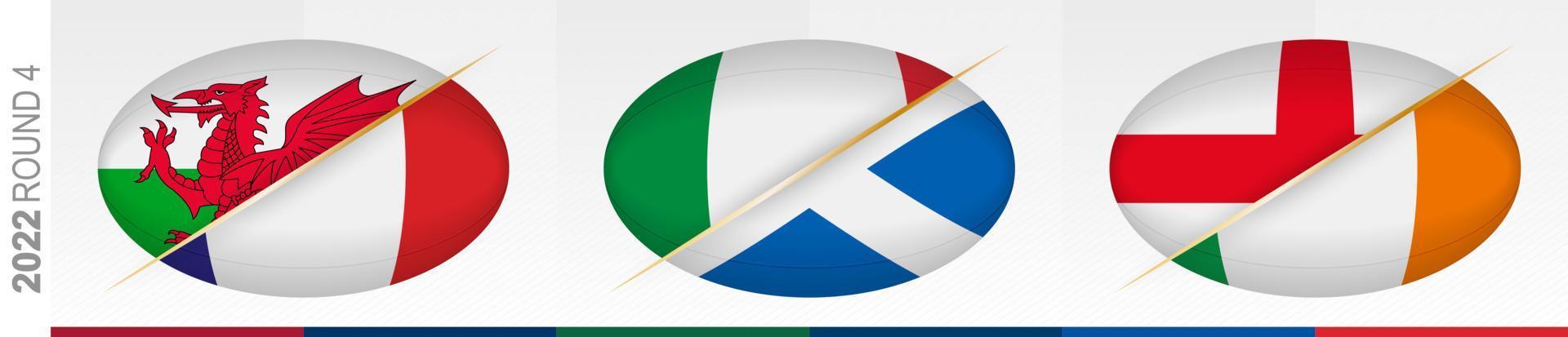 partidos de rugby de la cuarta ronda gales contra francia, italia contra escocia, inglaterra contra irlanda. concepto para el torneo de rugby. vector