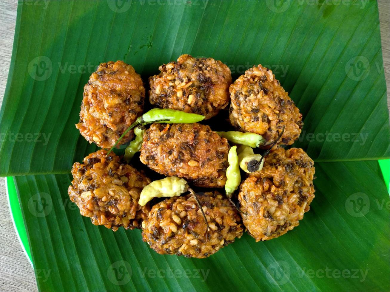 lento food from Indonesia. banana leaf background. close up shot outdoors. photo