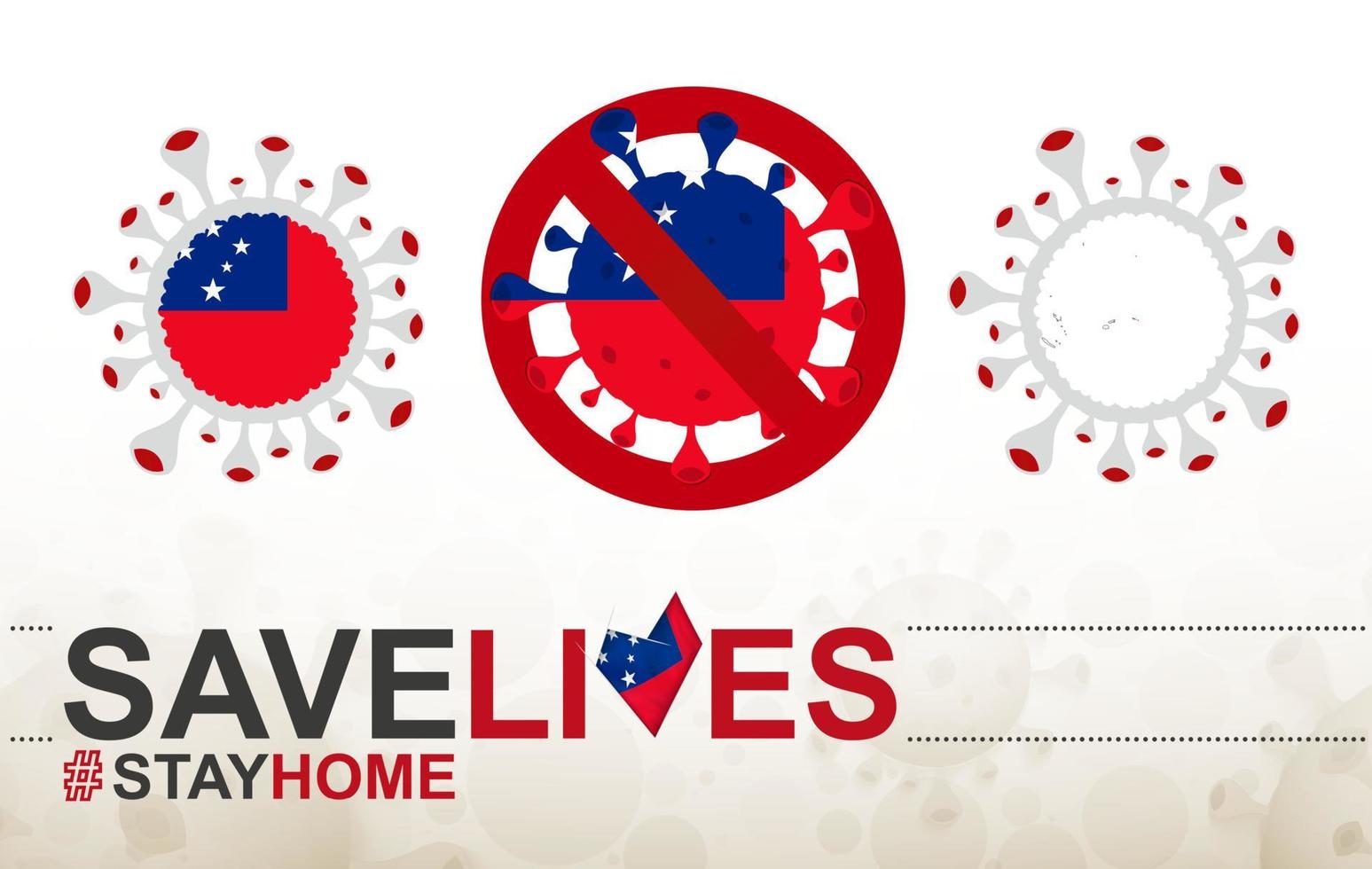 Coronavirus cell with Samoa flag and map. Stop COVID-19 sign, slogan save lives stay home with flag of Samoa vector