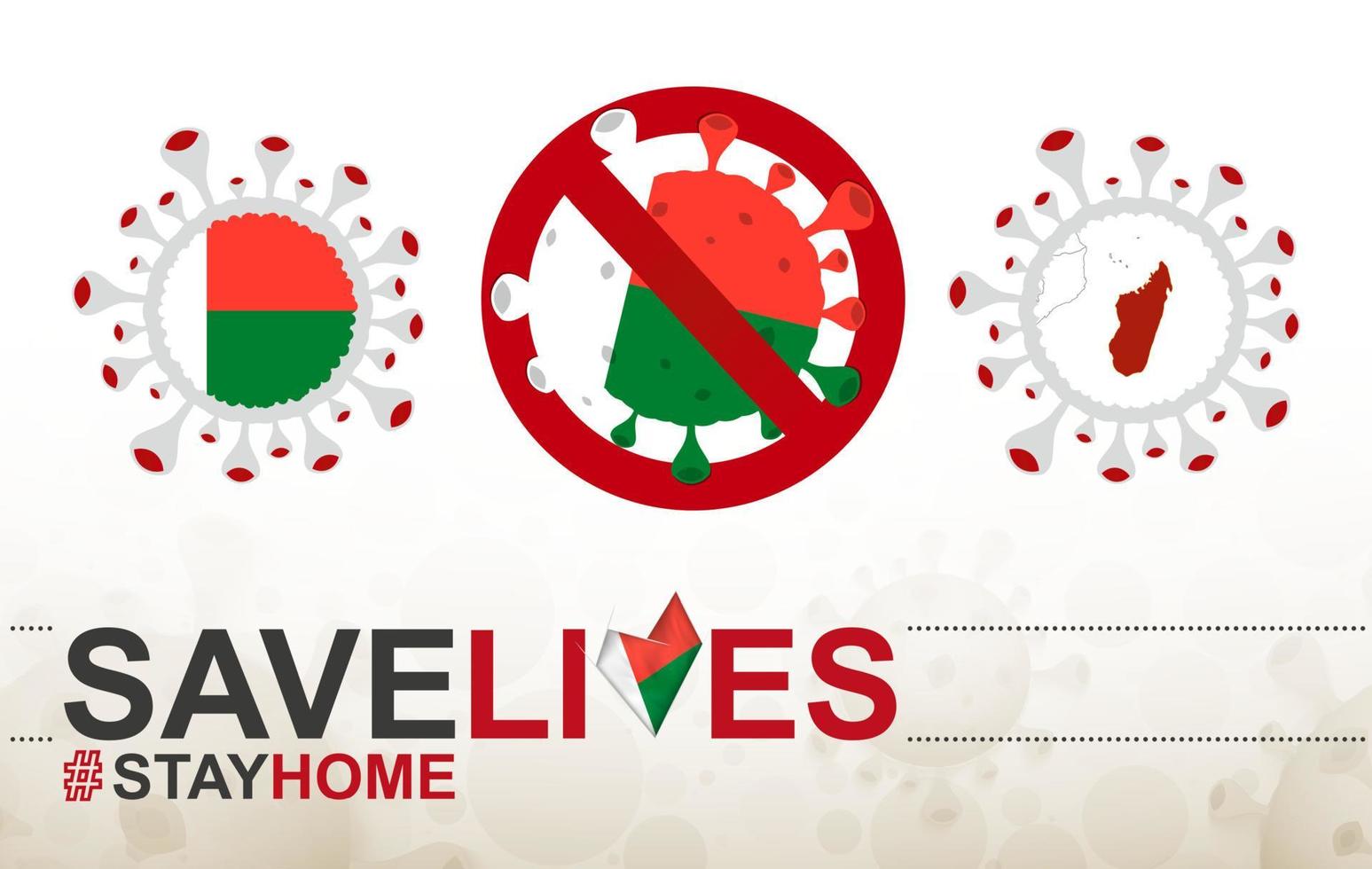 Coronavirus cell with Madagascar flag and map. Stop COVID-19 sign, slogan save lives stay home with flag of Madagascar vector