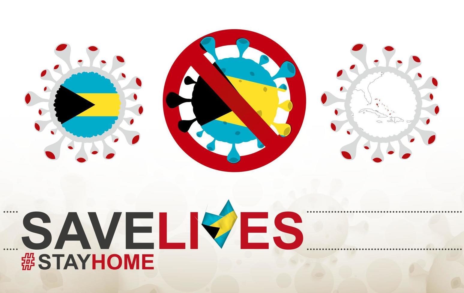 célula de coronavirus con la bandera y el mapa de bahamas. detenga el signo covid-19, eslogan salve vidas quédese en casa con la bandera de las bahamas vector