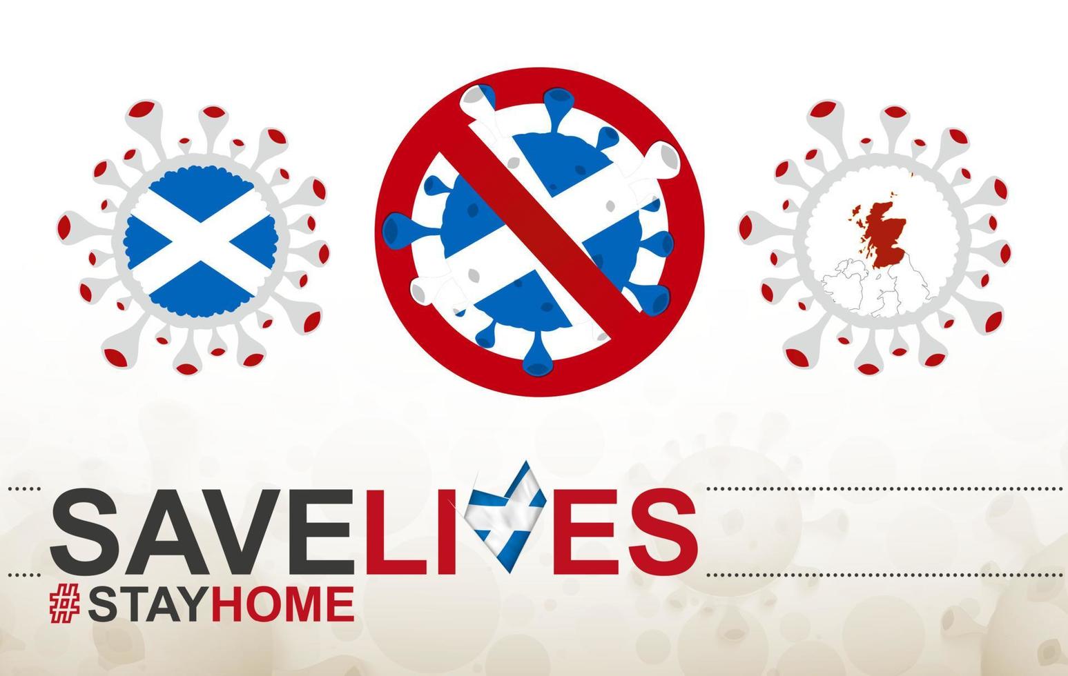 célula de coronavirus con bandera y mapa de Escocia. detenga el signo covid-19, eslogan salve vidas quédese en casa con la bandera de escocia vector