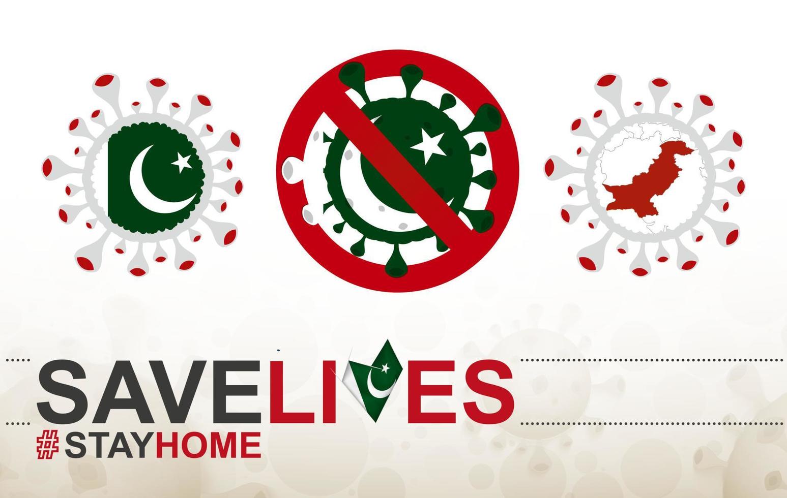 Coronavirus cell with Pakistan flag and map. Stop COVID-19 sign, slogan save lives stay home with flag of Pakistan vector