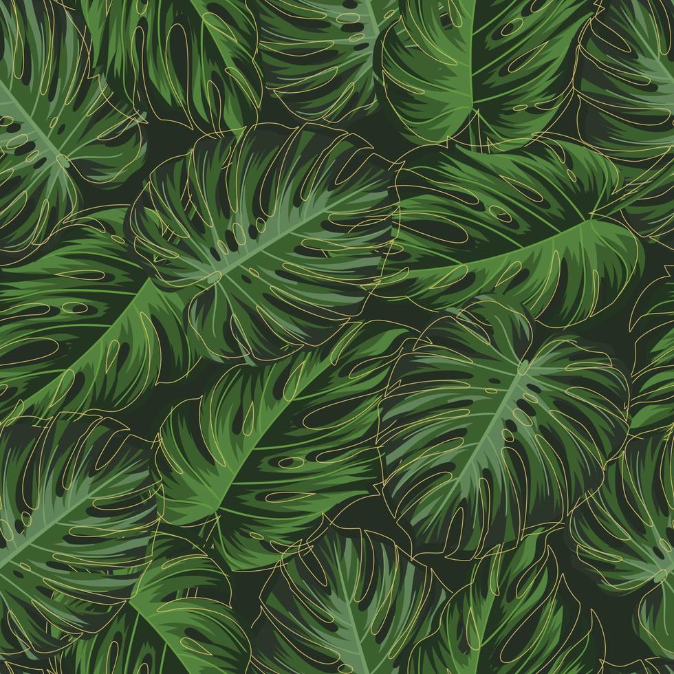 Floral seamless pattern with leaves. gold outline tropical background vector