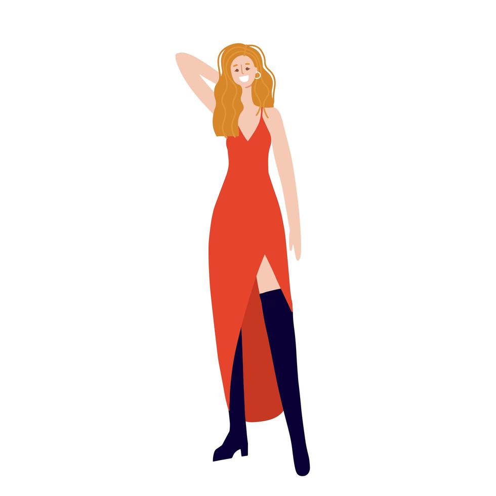 Young lady wearing a red slit dress on a white background. Gorgeous woman. Flat vector illustration.