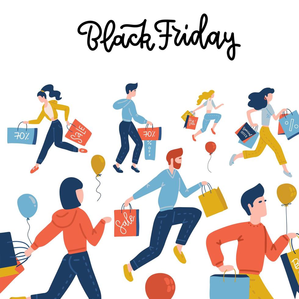 Black Friday square banner. Flat Vector cute illustration of people on the street shopping at the store for sales. Isolated objects for banner, background or poster. Men amd women running with bags.