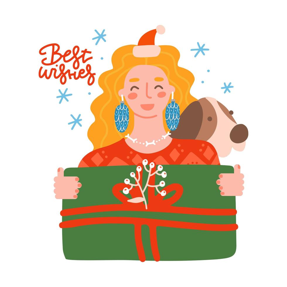 mujer rubia sonriente con caja de regalo en sus manos. chica alegre con perro sosteniendo el concepto de estilo plano de caja de regalo verde. Feliz año nuevo. ilustración de vector plano con cita de letras - mejores deseos.