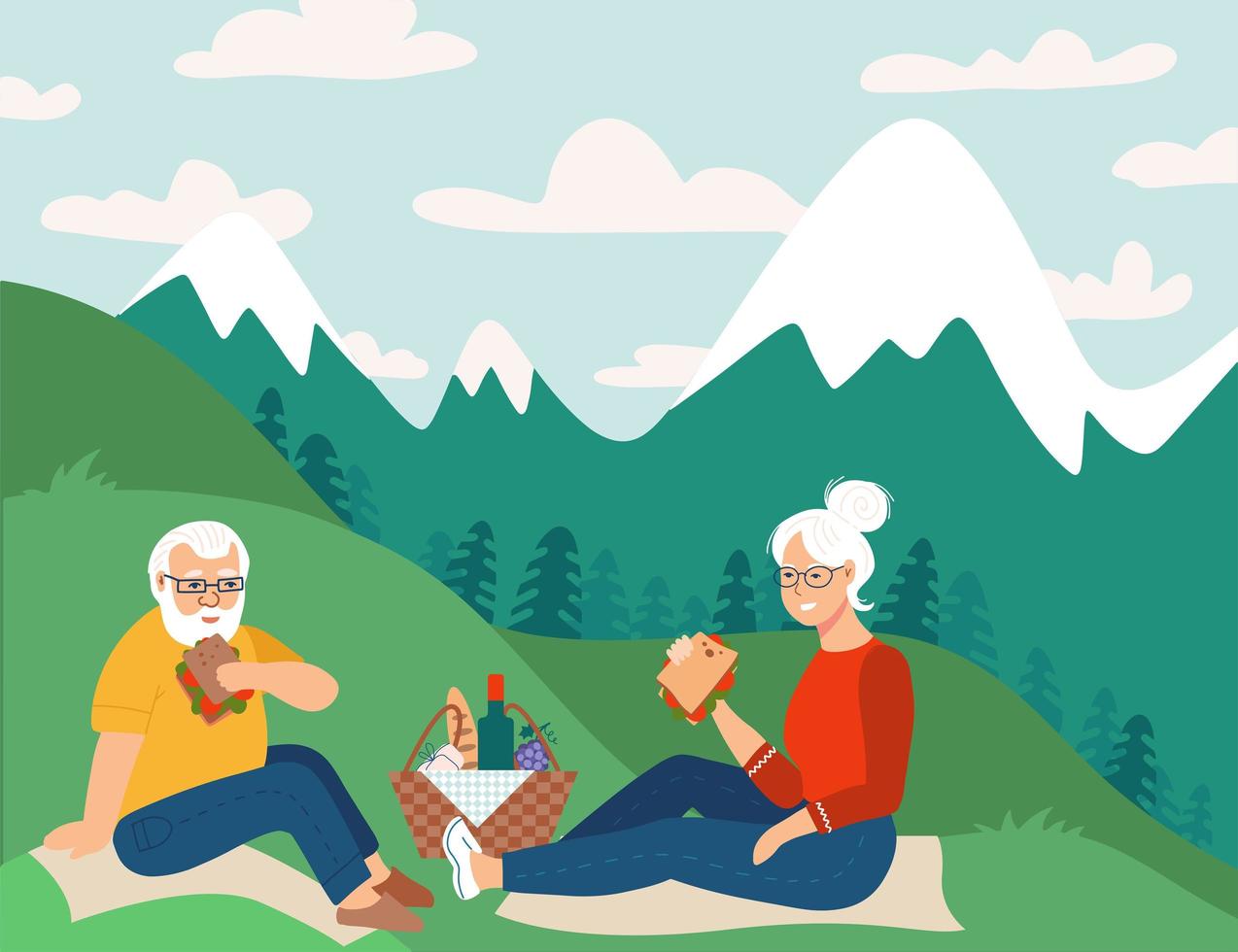 Retired couple having picnic in mountains Happy retirement flat vector sketch illustration. Elderly man and woman sitting on ground.