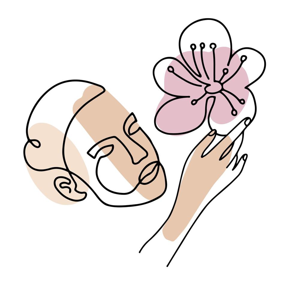 Woman Head with Hand and Flowers Line Vector Drawing. Style Template with Female Face with Big Cherry Flower. Modern Minimalist Simple Linear Style. Beauty Fashion Design