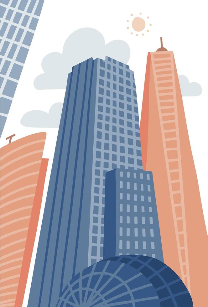 ciudad moderna de dibujos animados en estilo plano dibujado a mano. paisaje urbano con rascacielos, propiedad urbana. ilustración vectorial panorama vertical, paisaje urbano moderno. vector