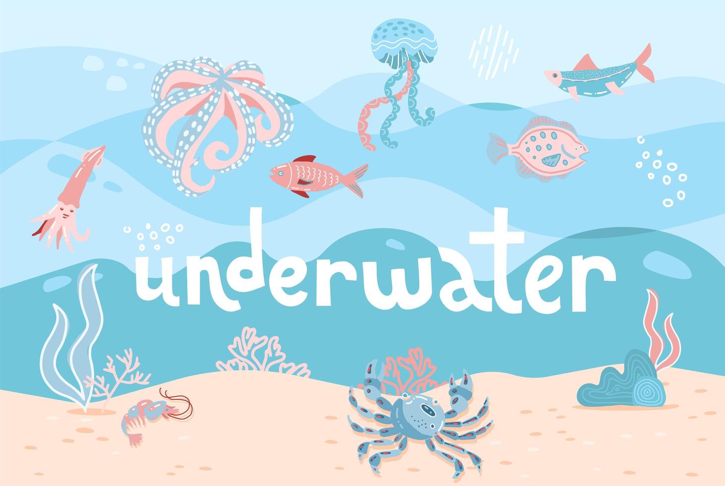 dibujado a mano dibujos animados mar naturaleza submarina escena color fondo web diseño plano con peces, algas, habitantes marinos, arena. cita de letras submarinas. ilustración vectorial del paisaje submarino vector