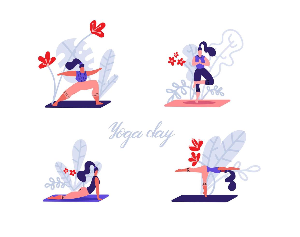 conjunto de mujeres deportivas practicando yoga y de pie en poses de ejercicio de asana. chica haciendo diferentes poses de yoga en fuente de grandes hojas y flores. vector ilustración plana moderna en estilo escandinavo