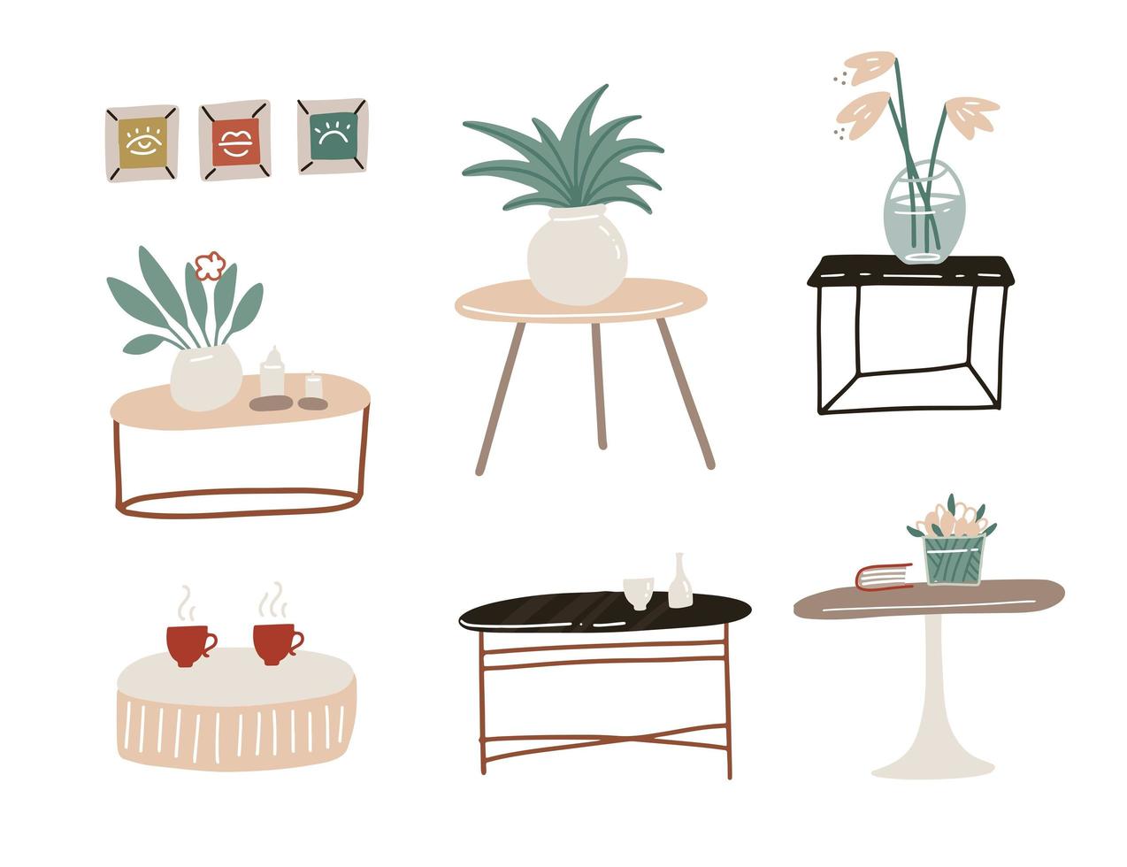 Scandinavian style set of Different types of coffee tables, bedside table for the living room in modern style. Flat vector hand drawn illustration.
