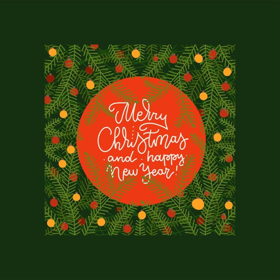 Christmas party poster or greeting card template with fir branches, balls and lettering quote - Merry Christmas and happy New Year. Vector flat hand drawn illustration