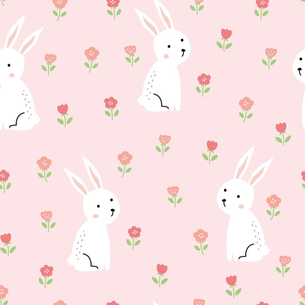 Nursery seamless rabbit pattern with flowers on pink background for print, wallpaper, textile vector illustration