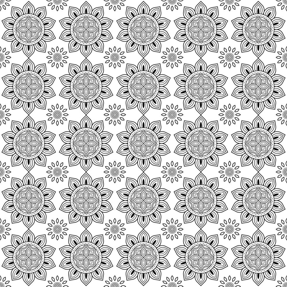 Seamless Flower Mandala vector black and white pattern. Abstract geometric background. Monochrome stylish texture vector in illustration
