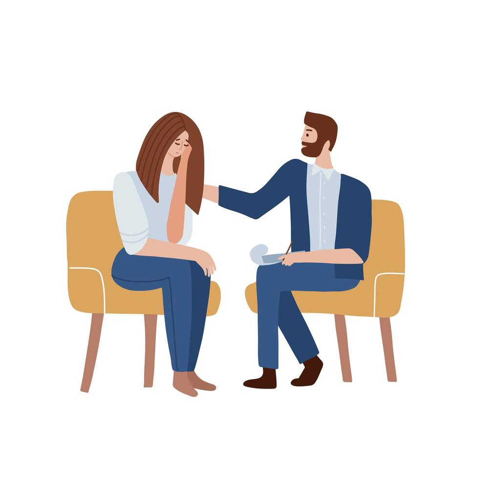 Woman talking to psychotherapist and crying. Male psychologist sits in a chair and listens to the client s problems and expresses support . Flat vector illustration.