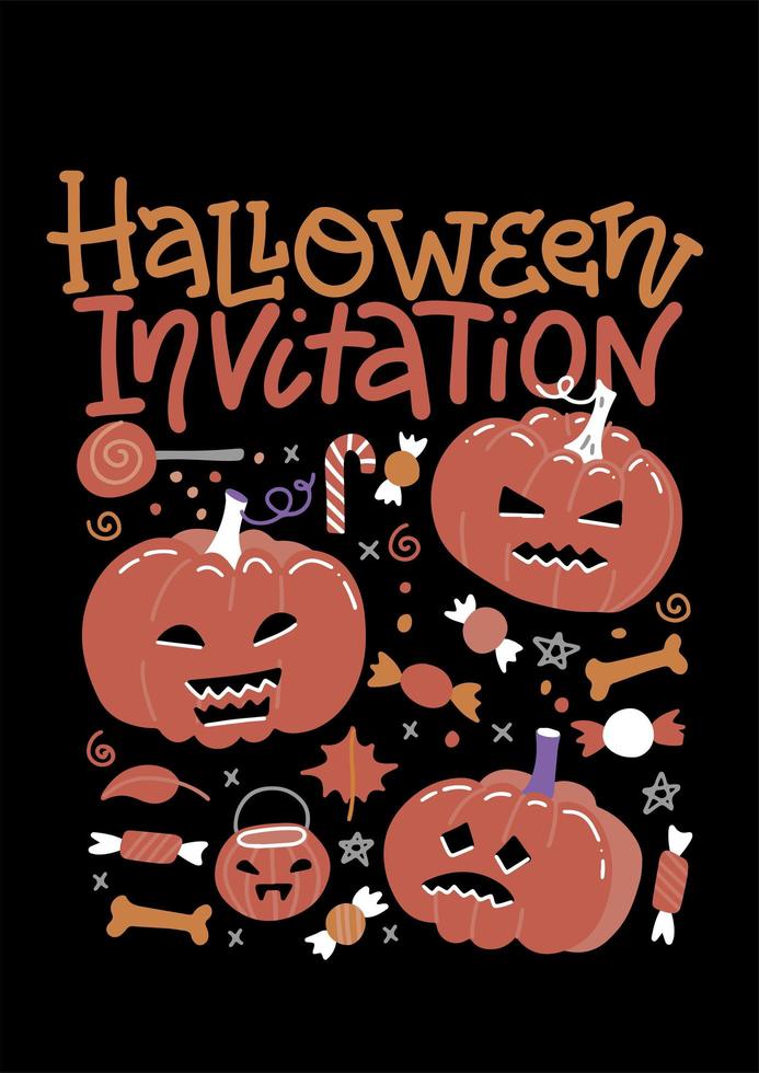 conjunto de invitación de fiesta de halloween con calabazas, dulces y texto de letras. ilustración vectorial dibujada a mano plana. concepto de diseño para banner, fondo de vacaciones. vector