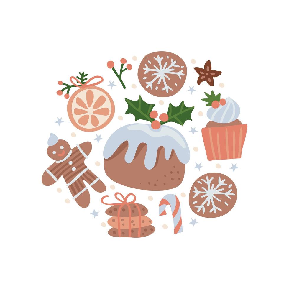 Lovely round shap composition for Merry Christmas disign. Decorative circle concept with traditional winter holiday season sweets, bakery and spices. Flat hand drawn vector illustration.