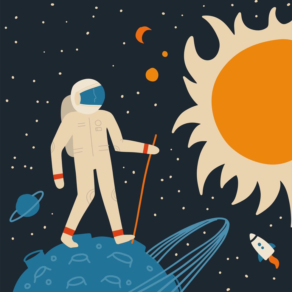 Walking on the moon spaceman with walking stick. Space tourism metaphor. Cosmos landscape with planets, stars and sun. Hand drawn flat vector illustration