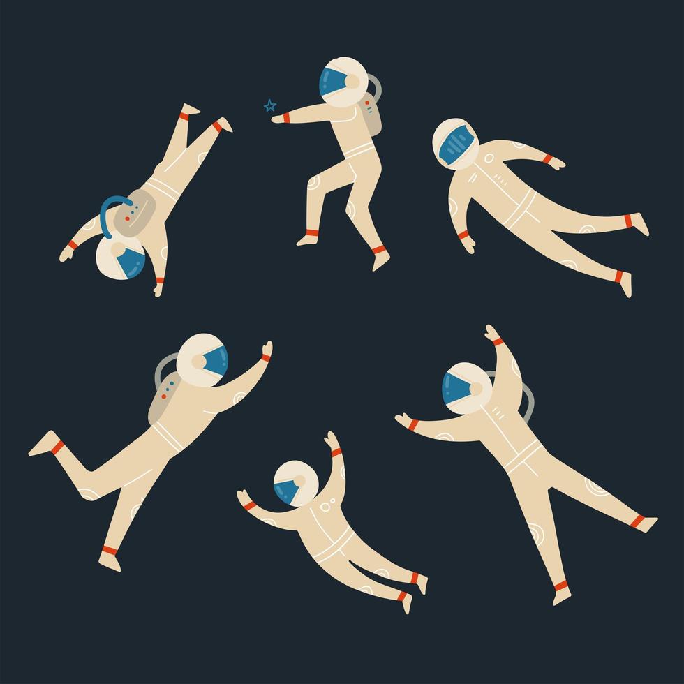 Set of cute astronauts in different poses. Flat icon spacemen collection. Hand drawn vector illustration.