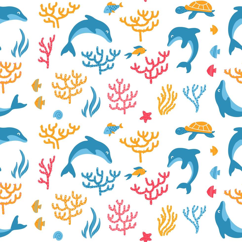 Dolphins and turtles seamless pattern design for the web or in print surface design. Coral underwater world. Hand drawn isolated flat vector illustration.